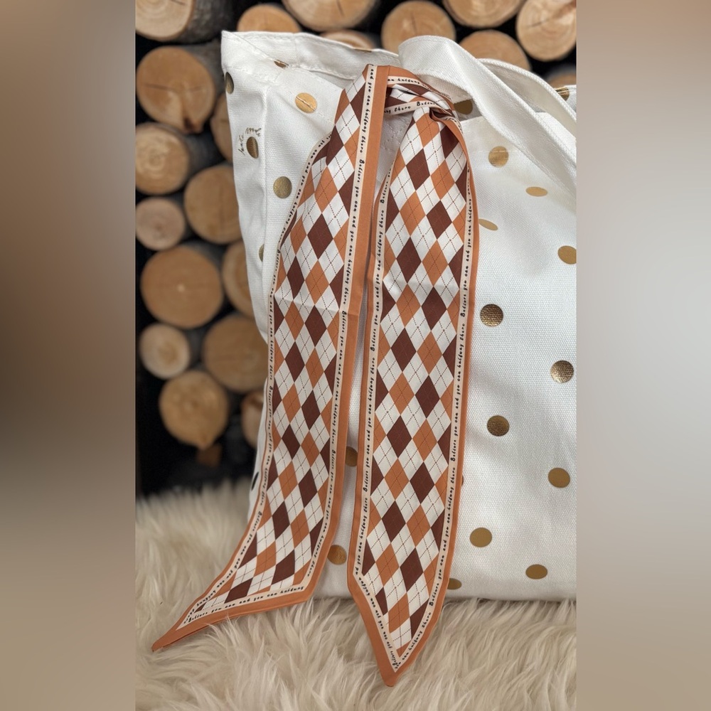 Ribbon Bag Scarf Argyle Pattern Mocha Tan